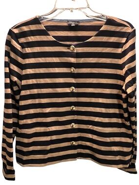 Talbots - 100% Cotton Black and Tan Striped Button-Front Top